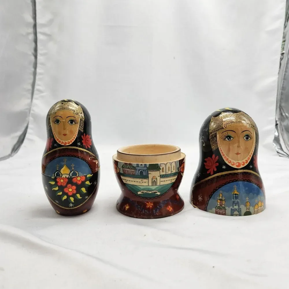 HAND PAINTED Russian Nesting Dolls Three‎ layers *DOG CHEWED